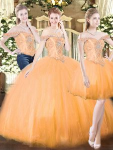 Sleeveless Floor Length Beading and Ruffles Lace Up Quinceanera Gowns with Orange Red