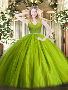 Floor Length Zipper 15 Quinceanera Dress Olive Green for Military Ball and Sweet 16 and Quinceanera with Beading