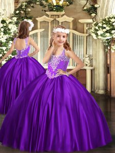 Lovely Purple Lace Up Little Girl Pageant Dress Beading Sleeveless Floor Length