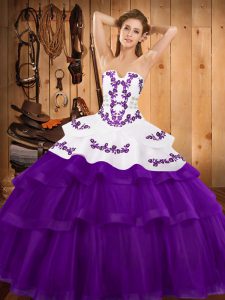 Pretty Sleeveless Embroidery and Ruffled Layers Lace Up Quinceanera Dresses with Purple Sweep Train