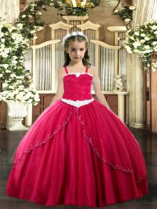 Low Price Coral Red Ball Gowns Straps Sleeveless Tulle Sweep Train Lace Up Appliques Little Girls Pageant Dress Wholesale