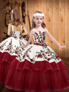 Floor Length Wine Red Kids Formal Wear Organza Sleeveless Embroidery