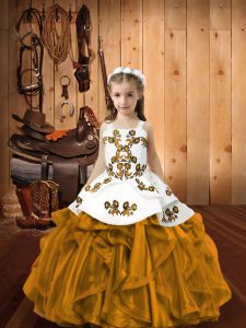 Brown Little Girls Pageant Dress Sweet 16 and Quinceanera with Embroidery and Ruffles Straps Sleeveless Lace Up