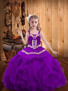 Latest Floor Length Lace Up High School Pageant Dress Eggplant Purple for Party and Sweet 16 and Quinceanera and Wedding Party with Embroidery and Ruffles