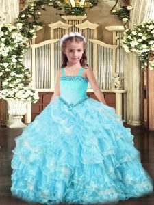 On Sale Light Blue Organza Lace Up Pageant Gowns For Girls Sleeveless Floor Length Appliques and Ruffled Layers