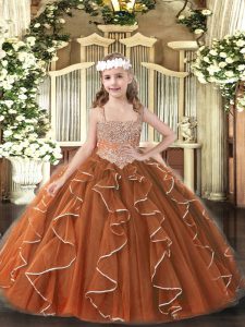 Affordable Brown Sleeveless Floor Length Beading and Ruffles Lace Up Little Girls Pageant Dress