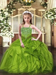 Olive Green Straps Lace Up Beading and Ruffles Pageant Gowns For Girls Sleeveless