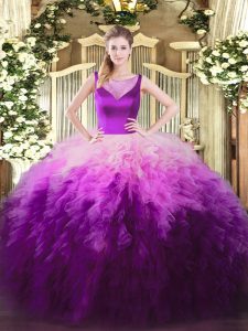 Multi-color Ball Gowns Scoop Sleeveless Tulle Floor Length Side Zipper Beading and Ruffles Quince Ball Gowns