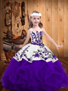 White And Purple Lace Up Straps Embroidery and Ruffles Kids Pageant Dress Organza Sleeveless