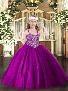 Amazing Straps Sleeveless Tulle Pageant Gowns For Girls Beading Lace Up