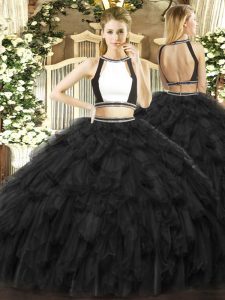 Artistic Black Two Pieces Halter Top Sleeveless Tulle Floor Length Backless Ruffles Sweet 16 Quinceanera Dress