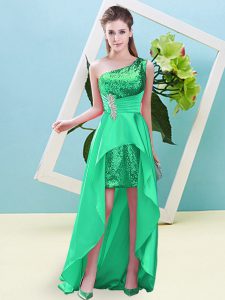 Perfect A-line Prom Evening Gown Turquoise One Shoulder Elastic Woven Satin and Sequined Sleeveless High Low Lace Up