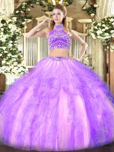 Ideal Lavender Tulle Backless Quinceanera Gowns Sleeveless Floor Length Beading and Ruffles