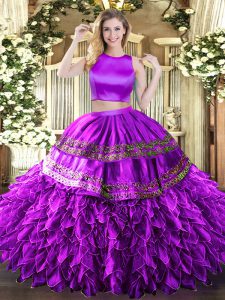 Noble Eggplant Purple Tulle Criss Cross High-neck Sleeveless Floor Length Ball Gown Prom Dress Ruffles and Sequins