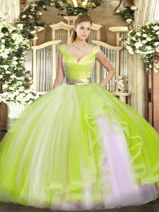 Sleeveless Tulle Floor Length Zipper 15 Quinceanera Dress in Yellow Green with Beading and Ruffles