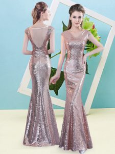 Cap Sleeves Floor Length Sequins Zipper Prom Evening Gown with Gold