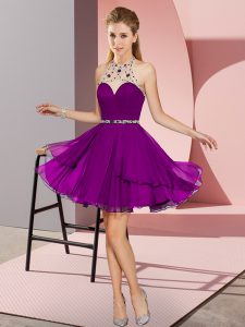 Glittering Dark Purple Chiffon Zipper Homecoming Dress Sleeveless Mini Length Beading