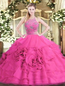 Hot Pink Sleeveless Floor Length Beading and Ruffled Layers Zipper 15th Birthday Dress