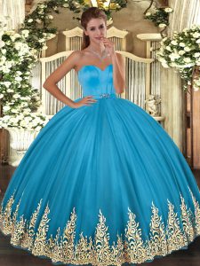 Customized Floor Length Lace Up Ball Gown Prom Dress Baby Blue for Military Ball and Sweet 16 and Quinceanera with Appliques