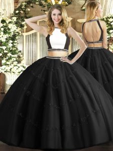 Sleeveless Tulle Floor Length Backless 15 Quinceanera Dress in Black with Beading