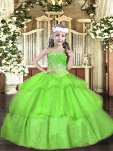 Organza Lace Up Straps Sleeveless Floor Length Little Girls Pageant Dress Wholesale Beading and Ruffled Layers