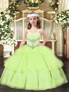 Yellow Green Sleeveless Floor Length Beading and Ruffled Layers Lace Up Little Girls Pageant Dress