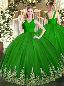 Artistic V-neck Sleeveless Zipper Quinceanera Gown Green Tulle