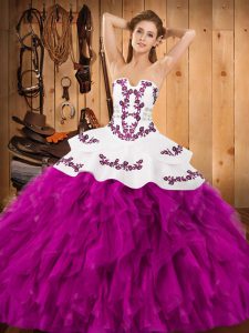 Delicate Fuchsia Sleeveless Floor Length Embroidery and Ruffles Lace Up 15th Birthday Dress