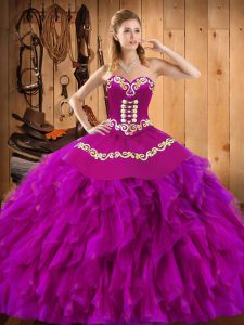 Shining Satin and Organza Sweetheart Sleeveless Lace Up Embroidery and Ruffles Quinceanera Dress in Fuchsia