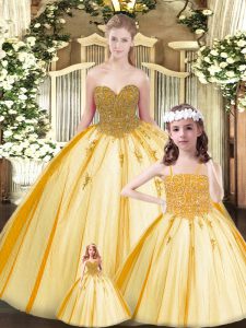 Great Floor Length Gold Quince Ball Gowns Tulle Sleeveless Beading