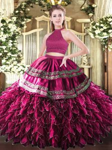 Fancy Fuchsia Halter Top Neckline Embroidery and Ruffles 15 Quinceanera Dress Sleeveless Backless