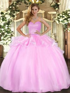 Charming Beading and Ruffles Sweet 16 Dress Pink Lace Up Sleeveless Floor Length