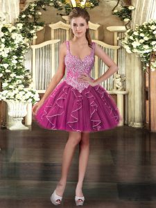 Elegant Fuchsia Sleeveless Beading and Ruffles Mini Length Prom Dresses