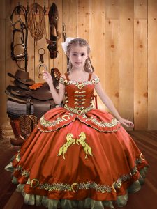 Latest Rust Red Lace Up Off The Shoulder Beading and Embroidery Pageant Dress for Girls Satin Sleeveless