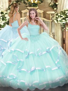 Floor Length Zipper Quinceanera Gown Apple Green for Military Ball and Sweet 16 and Quinceanera with Beading and Ruffled Layers