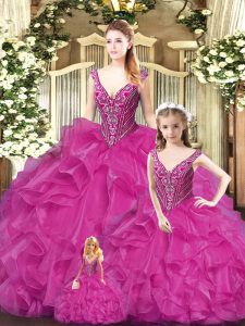Clearance Red Sleeveless Beading and Ruffles Floor Length Quinceanera Gowns
