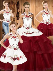 Embroidery and Ruffled Layers Sweet 16 Dresses Wine Red Lace Up Sleeveless With Train Sweep Train