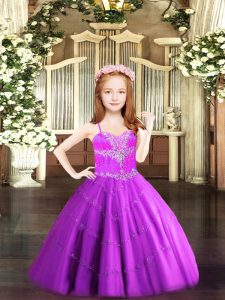 Elegant Fuchsia Lace Up Little Girl Pageant Gowns Beading Sleeveless Floor Length