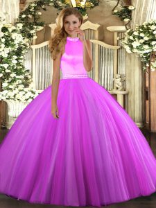 Rose Pink and Lilac Backless Halter Top Beading Quinceanera Dress Tulle Sleeveless