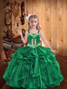 Turquoise Ball Gowns Organza Straps Sleeveless Beading and Embroidery and Ruffles Floor Length Lace Up Little Girl Pageant Gowns