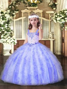 High Class Lavender Sleeveless Floor Length Beading and Ruffles Lace Up Kids Pageant Dress