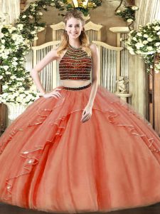High End Organza Halter Top Sleeveless Zipper Beading and Ruffles Ball Gown Prom Dress in Rust Red