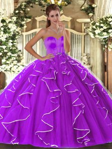 Smart Beading and Ruffles Ball Gown Prom Dress Eggplant Purple Lace Up Sleeveless Floor Length