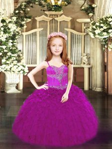 Ball Gowns Pageant Dress for Teens Fuchsia Spaghetti Straps Organza Sleeveless Floor Length Lace Up