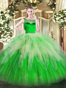 Captivating Green Ball Gowns Beading and Ruffles Quinceanera Dresses Zipper Organza Sleeveless Floor Length