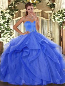 Glittering Blue Lace Up Sweet 16 Quinceanera Dress Beading and Ruffles Sleeveless Floor Length