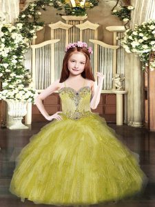 Olive Green Ball Gowns Tulle Spaghetti Straps Sleeveless Beading and Ruffles Floor Length Lace Up Pageant Dress Wholesale