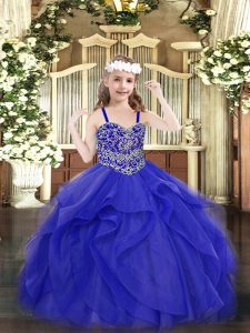 Blue Lace Up Straps Beading and Ruffles Pageant Gowns For Girls Tulle Sleeveless