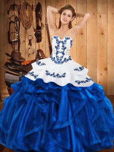 High Quality Blue Ball Gowns Strapless Sleeveless Satin and Organza Floor Length Lace Up Embroidery and Ruffles Sweet 16 Dress