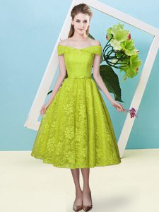 Olive Green Empire Off The Shoulder Cap Sleeves Lace Tea Length Lace Up Bowknot Dama Dress